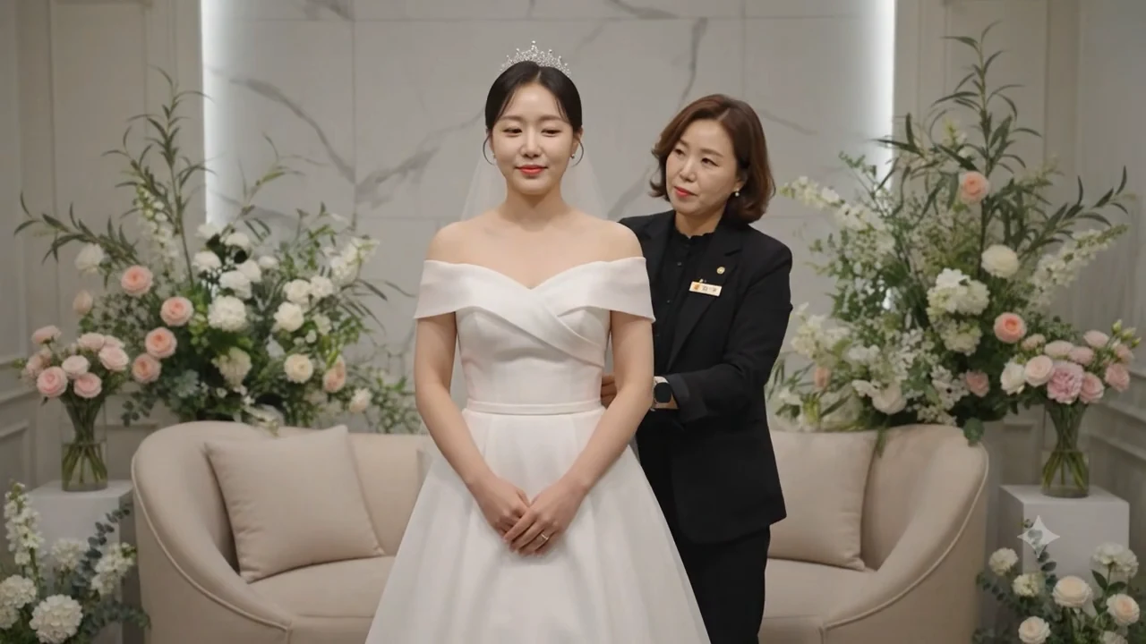신부 옆에서 드레스 트레인을 점검하는 헬퍼 — 실제 현장